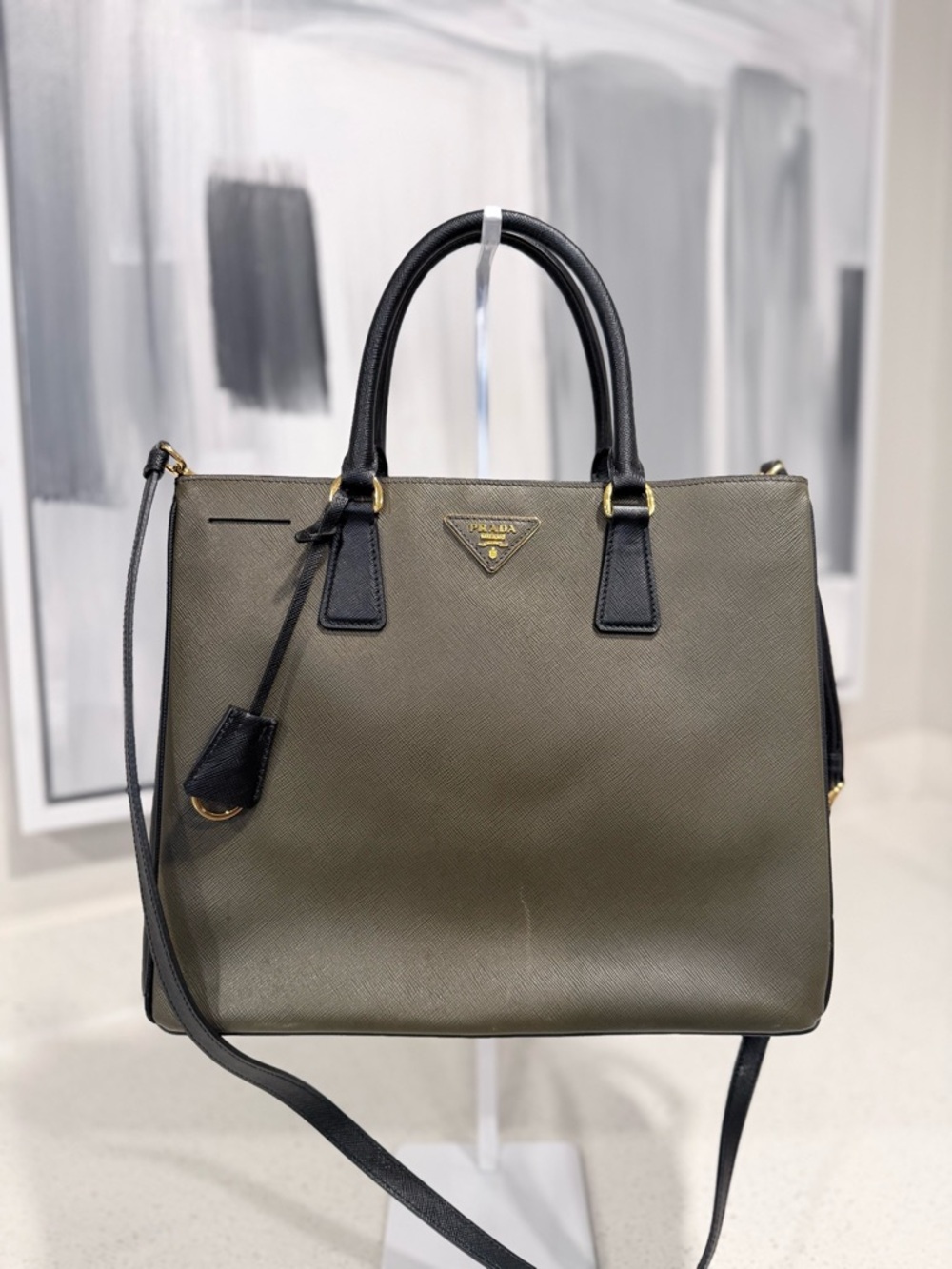 Prada Olive and Black Saffiano Leather Satchel